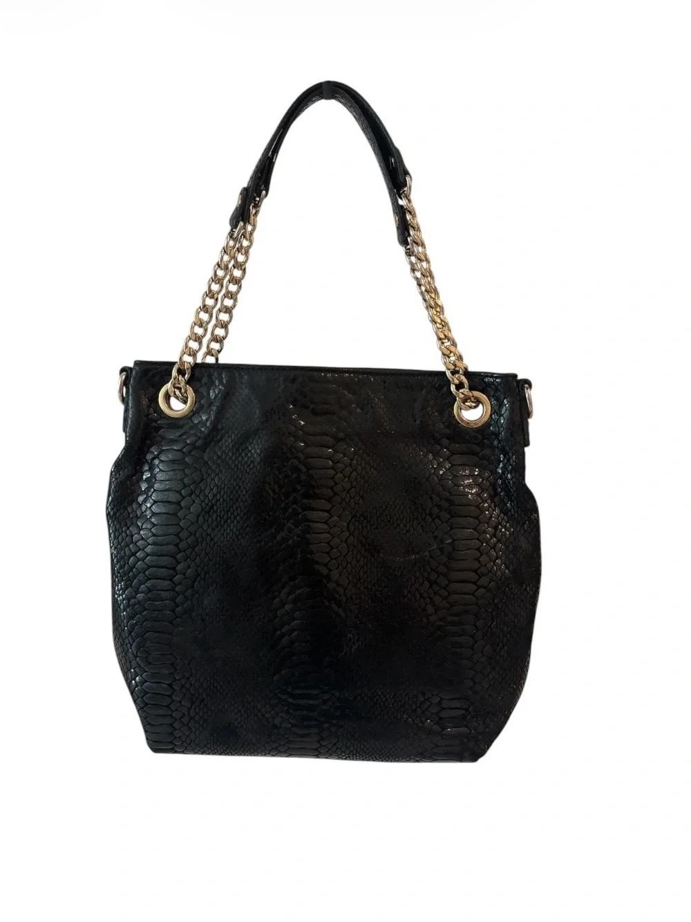Michael Kors Black Snake-Texture Tote Bag with Gold Chain Handles